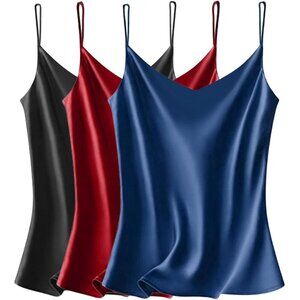 Vidussa Womens Black Navy Red V Neck Silk Satin Cami Sleeveless Blouses Pack